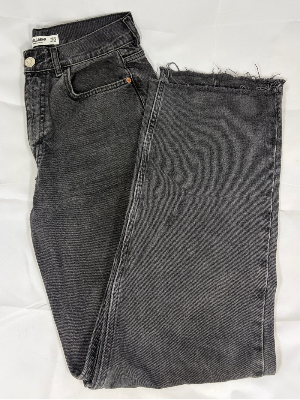 Pull&Bear High Waisted Black Straight Leg Jeans with Frayed Hem
